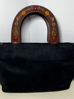 Relic Black Suede Handbag Floral Embroidered Cottagecore Boho 70s Revival Granny